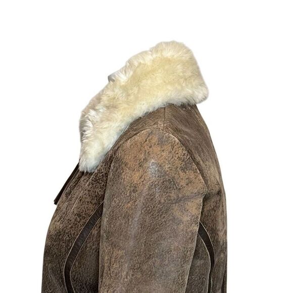 Express vintage Y2K brown leather faux fur lined zip up jacket size 8 - Picture 5 of 13